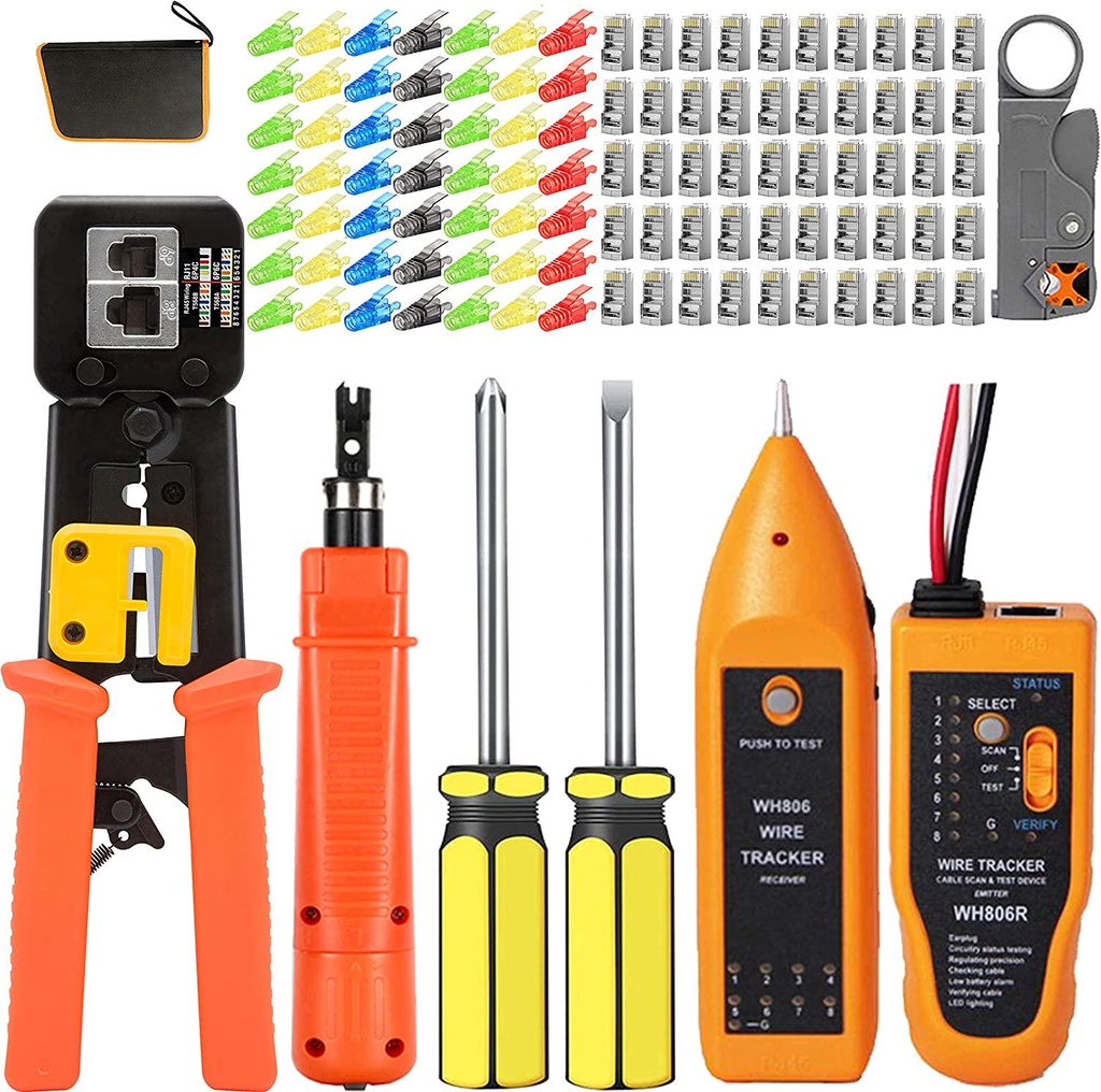 TAIWAIN RJ45 Crimp Tool Kit Pass Through Cat5 Cat6 Cable Crimping Repair Maintenance Tool Stripper Kit, Portable Phone Network Crimper 8P6P Connectors RJ11 Cable Tester(Orange)