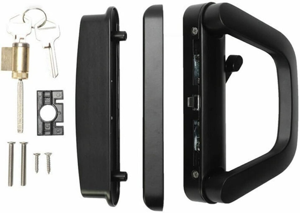 Lehom Sliding Glass Door Handle Set Sliding Patio Door Handle Set with Latch Sliding Door Handle Set Door Thickness from 0.75In to 1.4In, 4-15/16" Screw Holes, Lock Outside, Reversible Design, Black