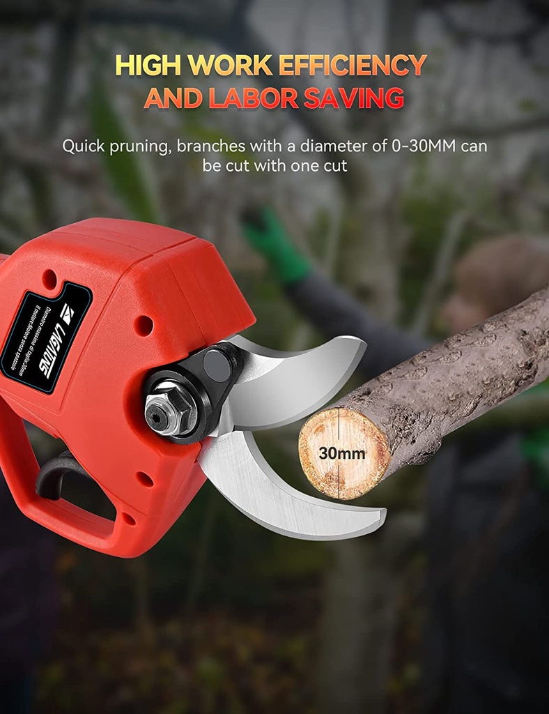 Electric Pruning Shears，Electric Pruning Shears with 2 PCS Backup Rechargeable 2Ah Lithium Battery Powered and 2 Blades，1.2 Inch/ 30Mm Cutting Diameter