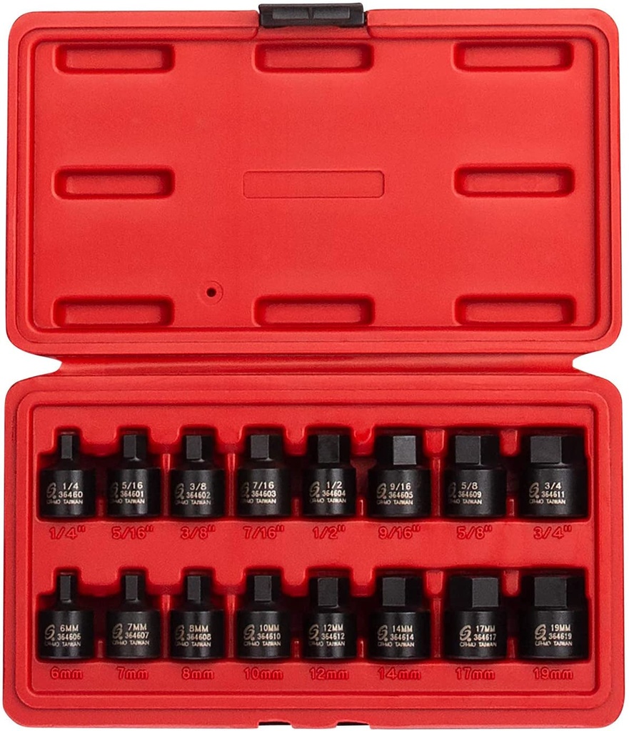 Sunex 3646, 3/8 Inch Drive Low Profile Impact Hex Driver Set, 16-Piece, Sae/Metric, 1/4 Inch - 3/4 Inch, 6Mm - 19Mm, Cr-Mo Steel, Dual Size Markings, Heavy Duty Storage Case, Meets ANSI Standards