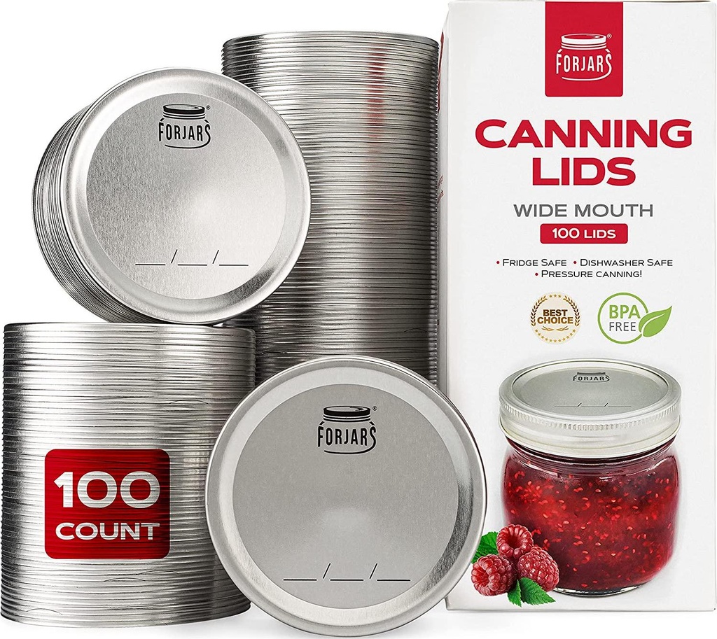 Wide Mouth Canning Lids, 100-Pack Create Airtight Seals on Mason Jars to Preserve Food for Meal Prep and Emergency Food Storage 3.4 In. Metal Lids with Silicone Seals Canning Supplies by FORJARS