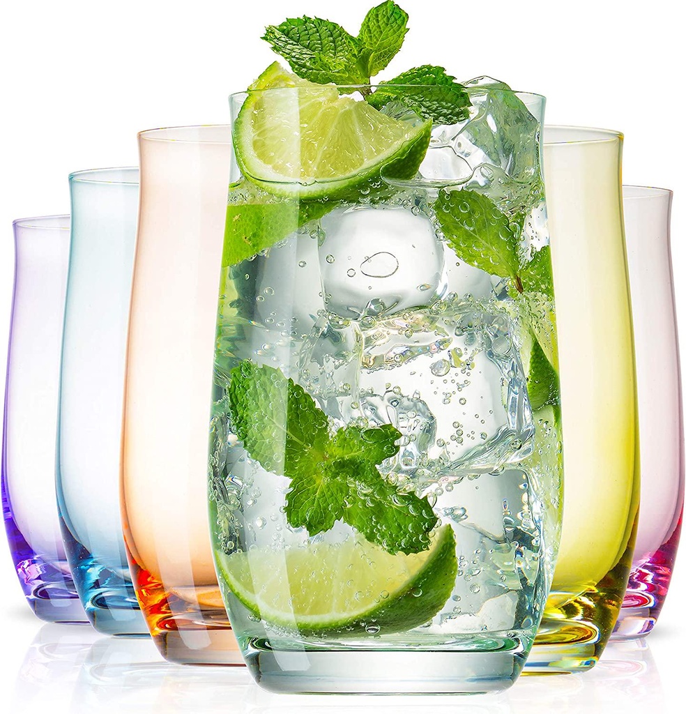 Colorful Drinking Glasses [Set of 6 | 14 Ounces]Colored Glass Cups with Heavy Weighted Base, Multi-Colored Glasses, Drinking Cups, Beer Glasses, Highball Glasses, Glass Tumbler, Cocktail Mixing Glass