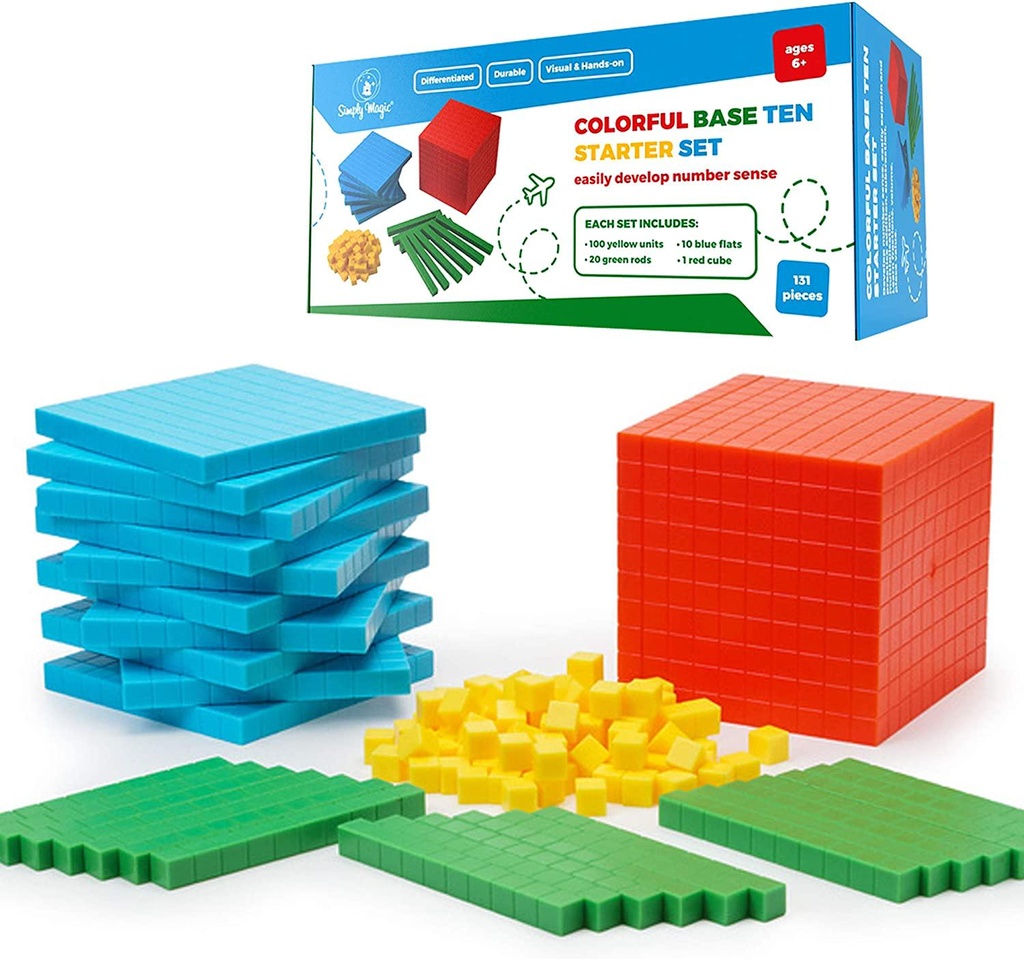 Simply magic 131 PCS Base Ten Blocks for Math - Place Value Blocks, Base 10 Math Manipulatives K-3, Math Counters, Number Blocks, Math Cubes for Kids, Counting Blocks - Kindergarten 1st 2nd 3rd Grade