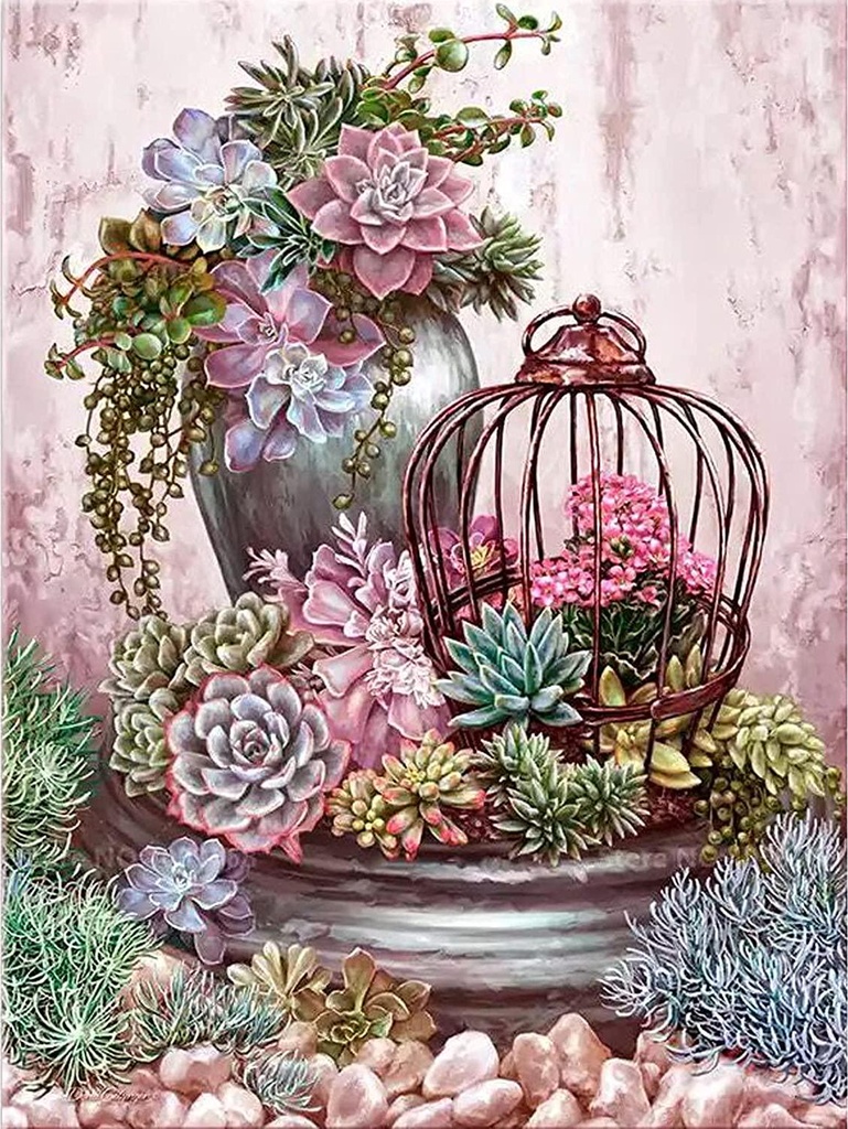DIY Diamond Painting Kits for Adults Full Round Birdcage Succulent Plants, Flower Picture Diamond Embroidery Home Decor Cross Stitch Art