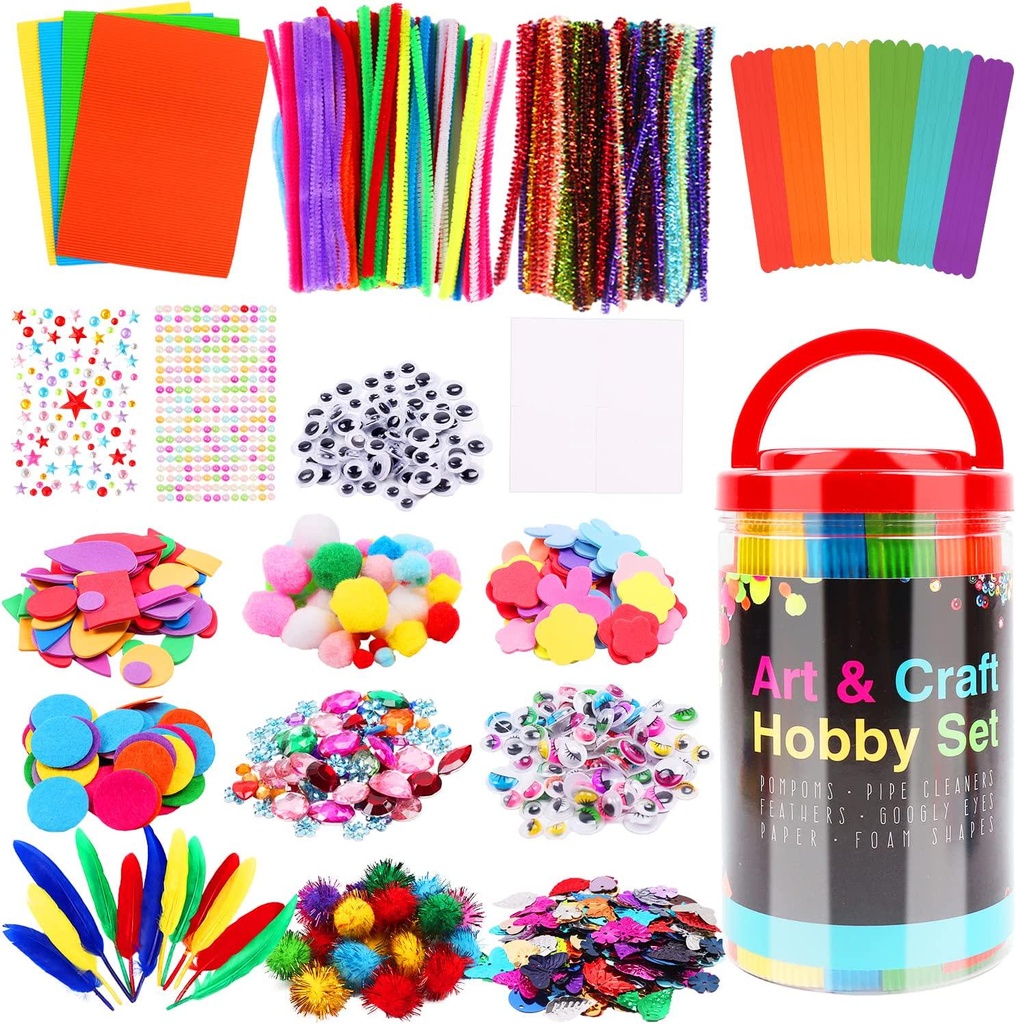 Arts and Crafts Supplies for Children, 1000+ Pcs CraftÂ Materials Kits Toys Includes Pom poms, Pipe Cleaners, Popsicle Sticks, Colour Felt, Feather, Sequins, Color Paper, Wiggle Eyes, Stickers