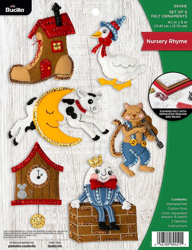 Bucilla, Nursery Rhyme Christmas Set of 3 Felt Applique Ornament Making Kit, Holiday Supplies for DIY Needlepoint Arts and Crafts, 89451E