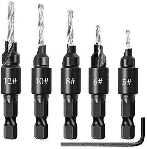 Countersink Drill Bit Set 6pcs 5/6/8/10/12 Bits Shank Adjustable Carpentry Reamer Chamfer Tool Woodworking 1/4inch Hex and HSS Quick Change Power Tools Spanner for Wood Drilling Plastic Soft Metal