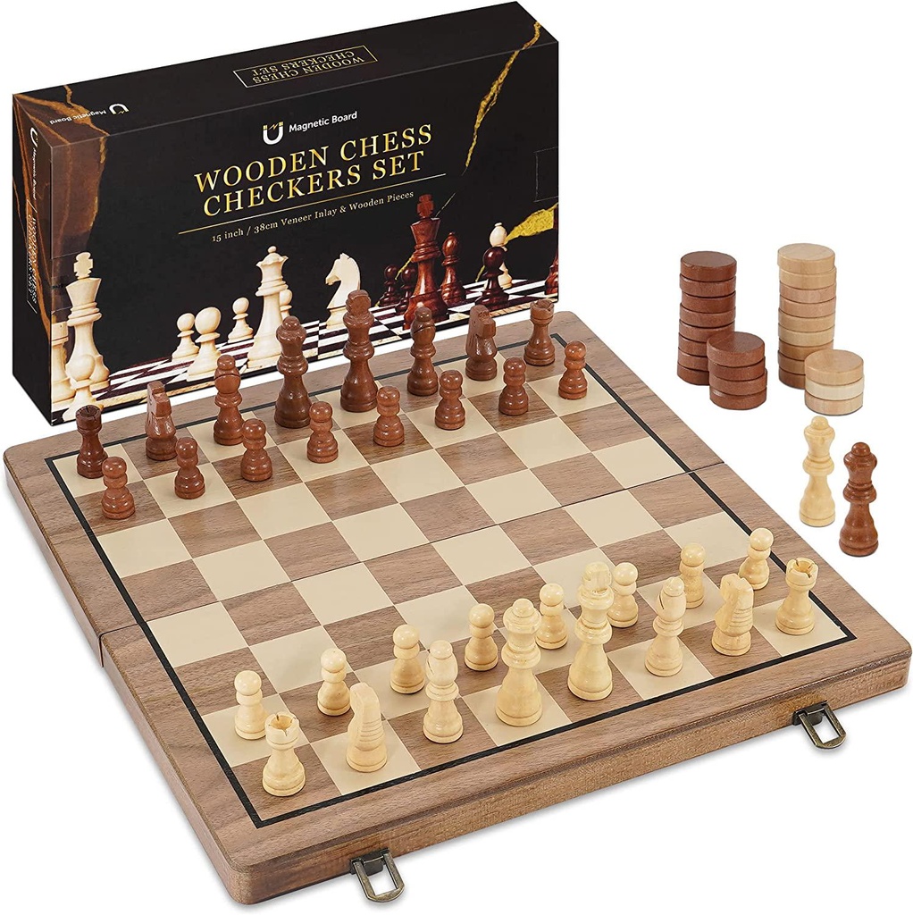 15 Wooden Magnetic Chess Set Joneytech 2 in 1 Portable FoldingÂ Checkers Chess Board with 2 Extra Queen and Carry Bag.Handmade Large Wooden Board Game for Kids and Adults