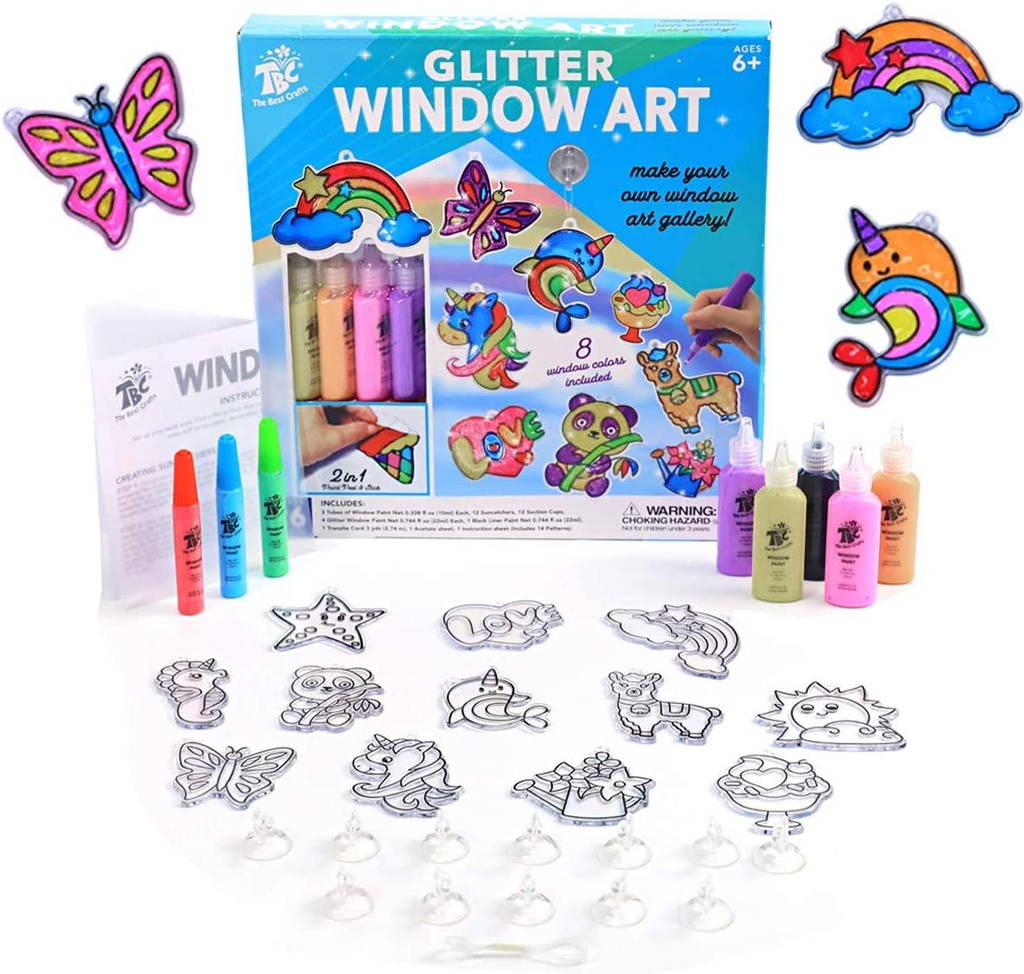 TBC The Best Crafts Glitter Window Art for Kids, DIY Stained Glass Effect Acrylic Suncatchers Arts and Crafts Kit, 12 Suncatchers, 8 Peelable Window Paints, Make Your Own Window Art Gallery