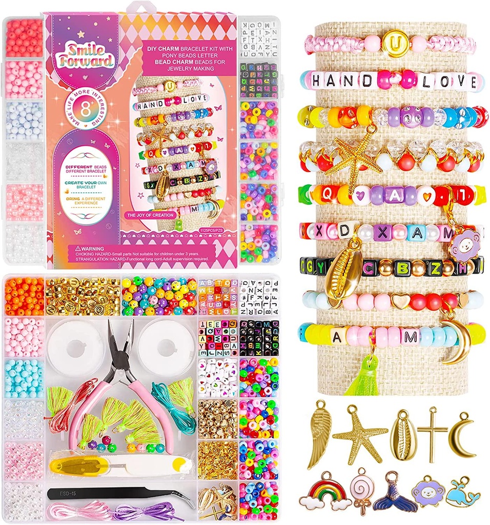 Beads Bracelet Making Kit with Pony Beads, Letter Beads, Kandi Beads, Bracelet Charms for Jewelry Making, Jewelry Making Supplies Bracelet Kit, Jewelry Making Kit for Girls DIY Arts and Crafts Gifts