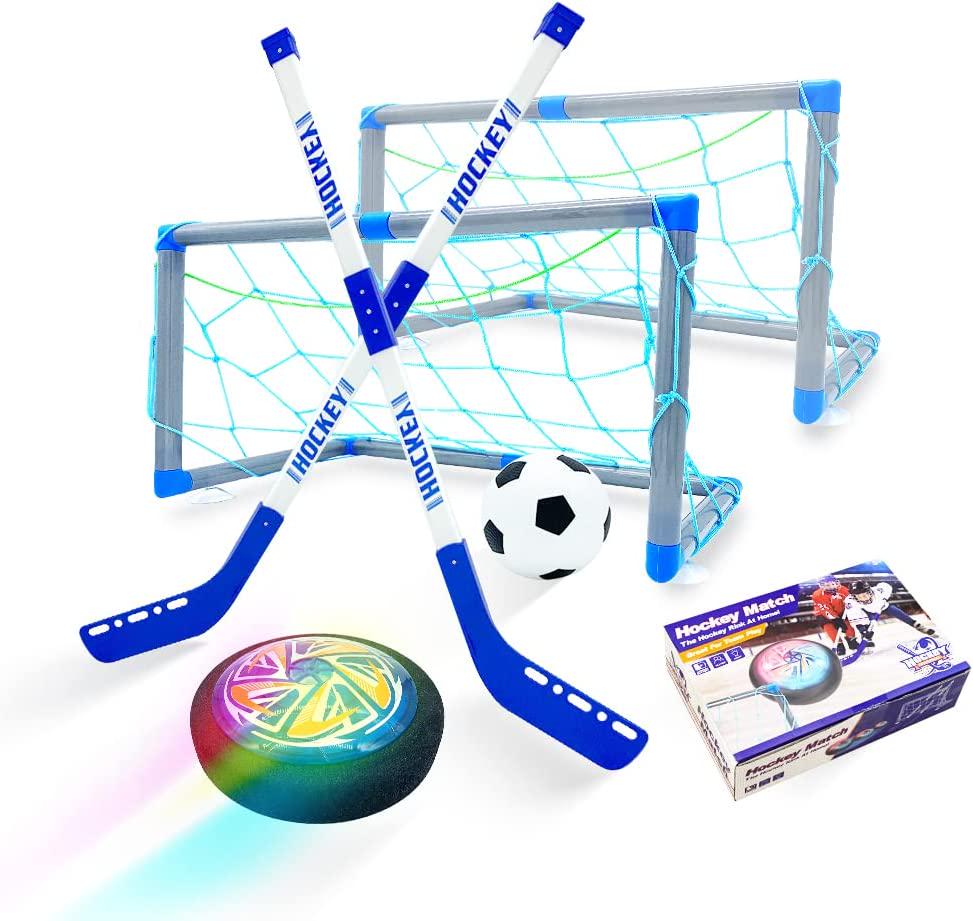 RGB Led Light Hover Hockey Set, hockey gifts for boys, indoor Outdoor hockey set for 3 4 5 6 7 8 9 10 11 12-Year-Old Kids, USB Rechargeable and Battery Hockey Floating Air Soccer for Family Games