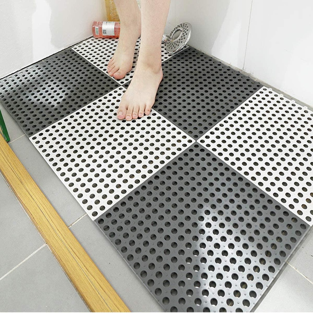 10PCS Interlocking Rubber Floor Tiles with Drain Holes DIY Size 11.8Inx 11.8In Bathroom Shower Toilet Floor Tiles Mat Interlocking Massage Soft Cushion Floor Tiles for Indoor/Outdoor -(Grey+White)