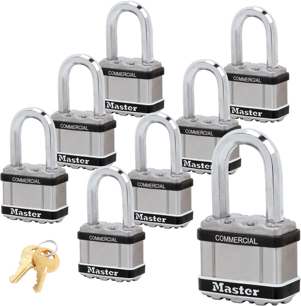 Master Lock Magnum Padlocks - 2" W X 1-1/2"L Shackle, Eight (8) Keyed Alike Locks #M5NKALFSTS-8 W/Bumpstop Technology