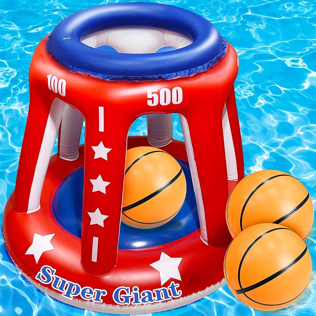 4 In 1 Set Giant 36'' Inflatable Pool Basketball Hoop with 3 Balls 6 Score Hole Swimming Pool Party Game Toys Kids Adults Family Volleyball Beach Ball Toss Game Summer Outdoor Water