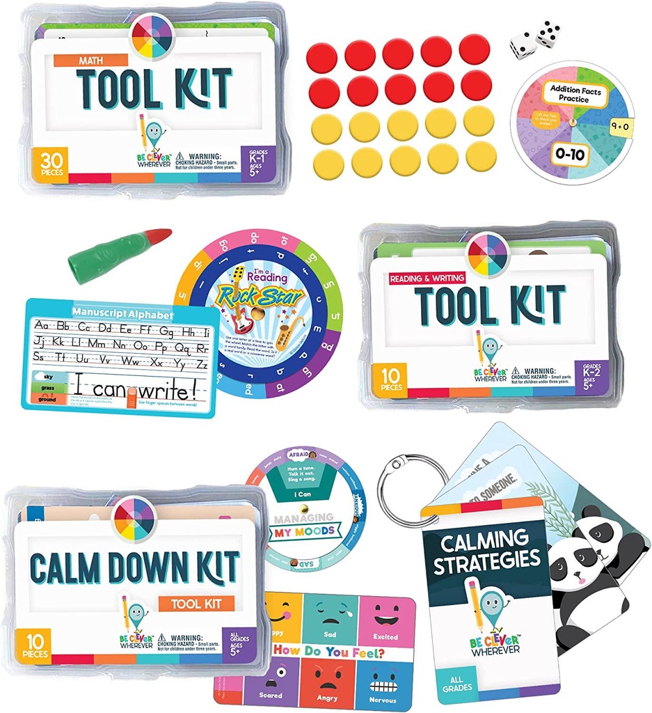 Be Clever Wherever 66-Piece Kindergarten Kit, Calm Down Corner Tool Kit Supplies and Calm Corner Flash Cards With Social Emotional Learning Activities, Kindergarten Math and Reading and Writing Tool Kits