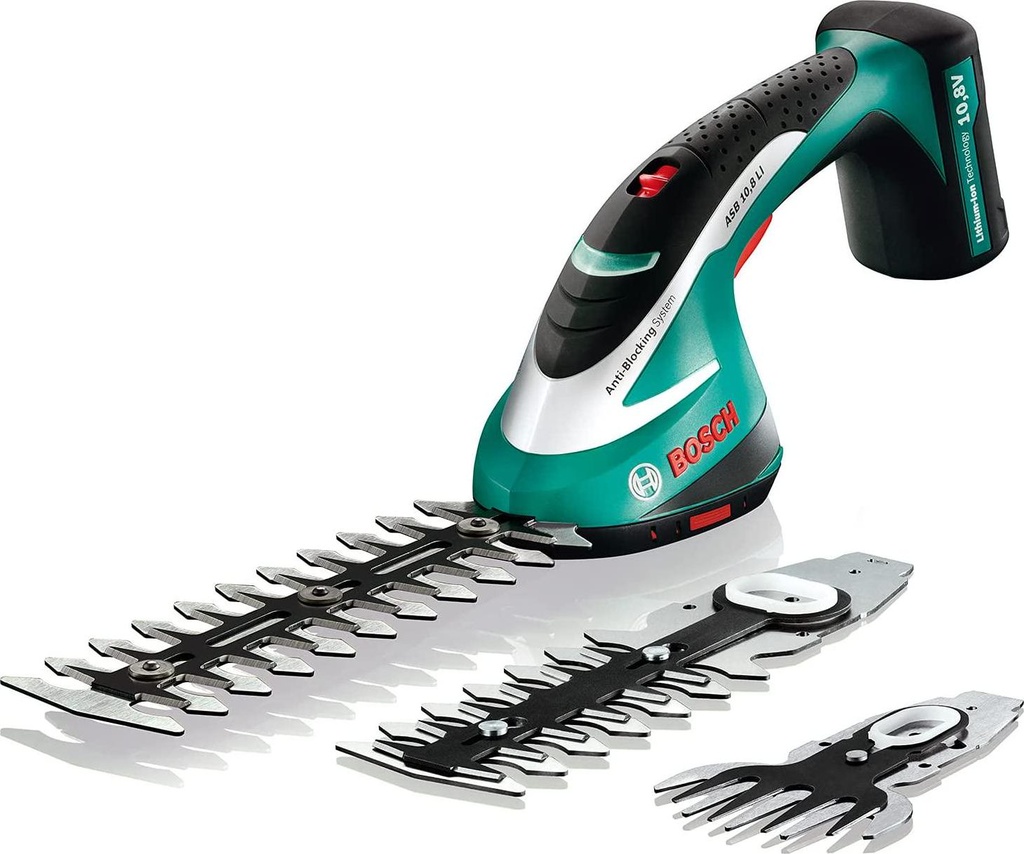 Bosch Cordless Shrub Shear Set with 3 Blades ASB 10,8 LI (Integrated LithiumIon Battery, 10,8 Volt, 2 Shrub Blades and 1 Grass Blade Included, in Case)