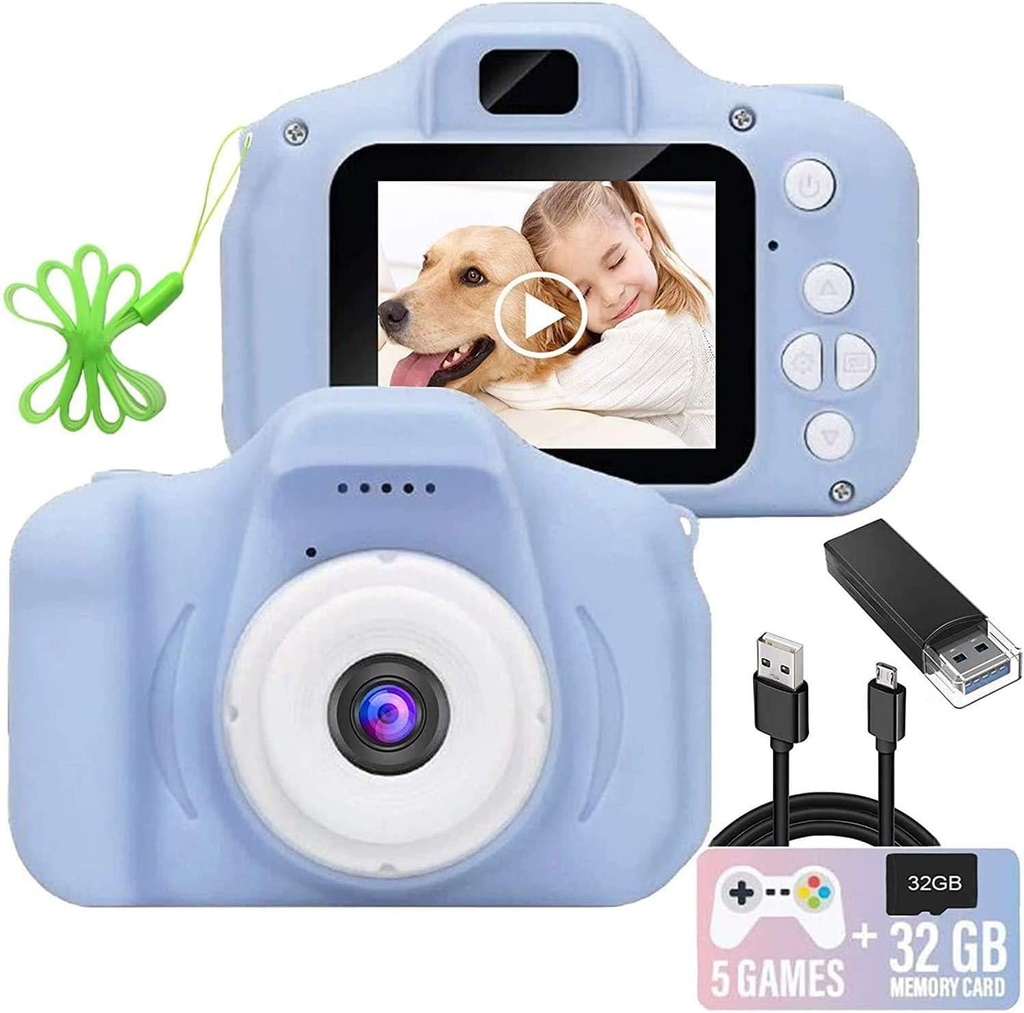 Kids Camera, 8.0 MP FHD Digital Video Recorder Shockproof Action Cameras with 2 Inch IPS Screen and 32GB SD Card for Girls Boys Gifts Blue