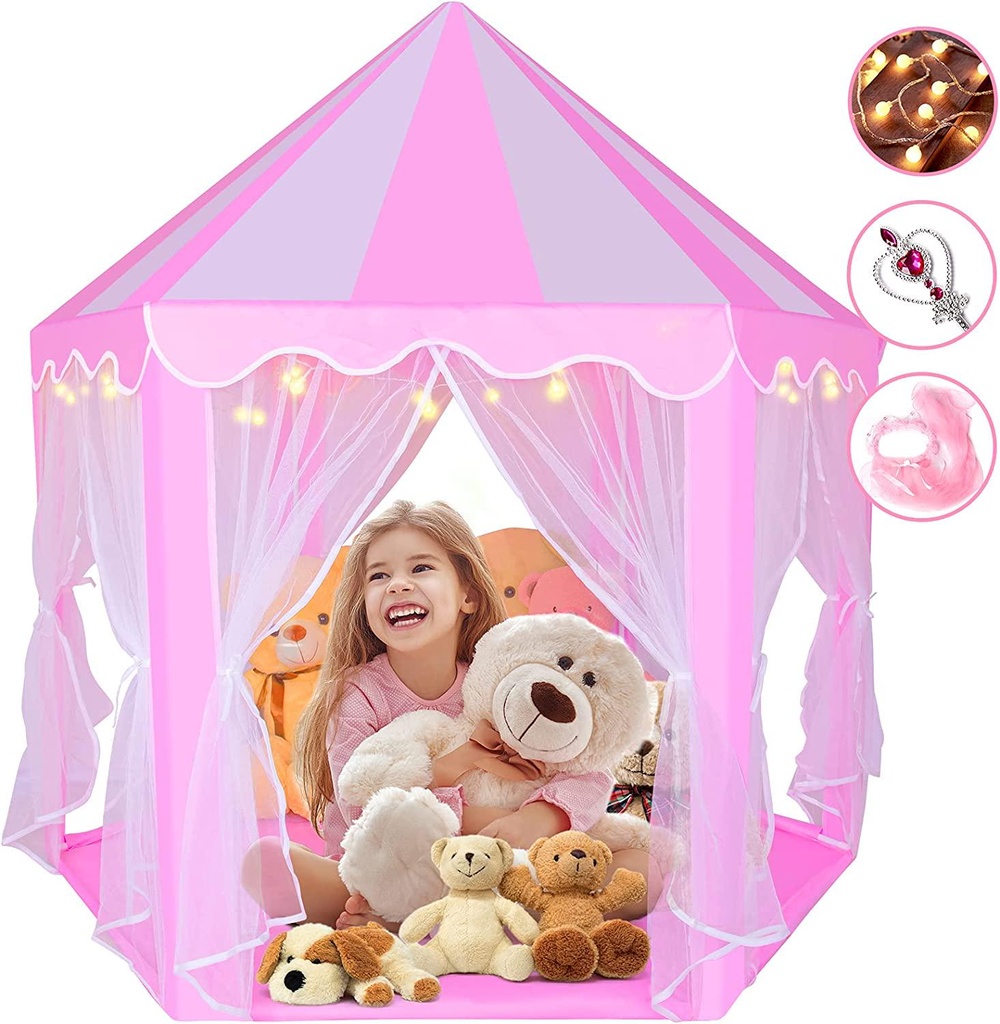 Princess Castle Play Tent for Girls, Large Kids Tent with Lights, Bonus Princess Veil and Wand, Indoor and Outdoor Playhouse Tent for Kids, Birthday Xmas Gifts Toys for Girls