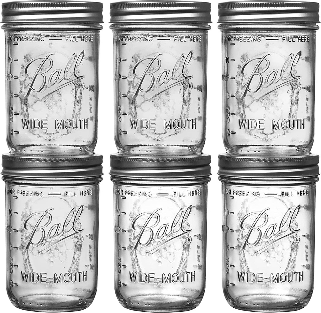 Ball Wide Mouth Mason Jars 16 oz Bundle with Non Slip Jar Opener brand BHL Jars- Set of 6 Half Quart Mason Jars - Canning Glass Jars with Lids