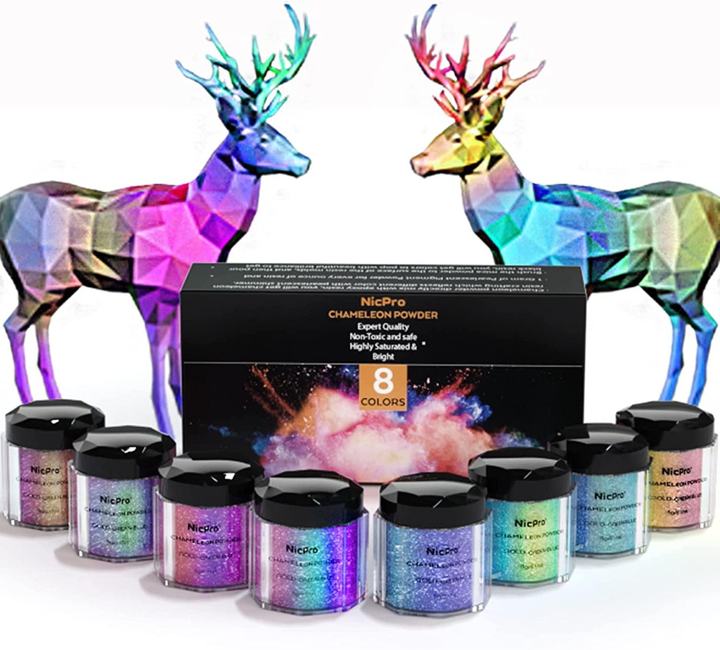 Nicpro 8 Color Chameleon Powder Set, Color-Shifting Mica Powder for Epoxy Resin, Soap HandMaking, Candle Making, Bath Bombs, Chameleon Pigment Powder for Flakes Eyeshadow, Nail Art (0.17 oz/jar)