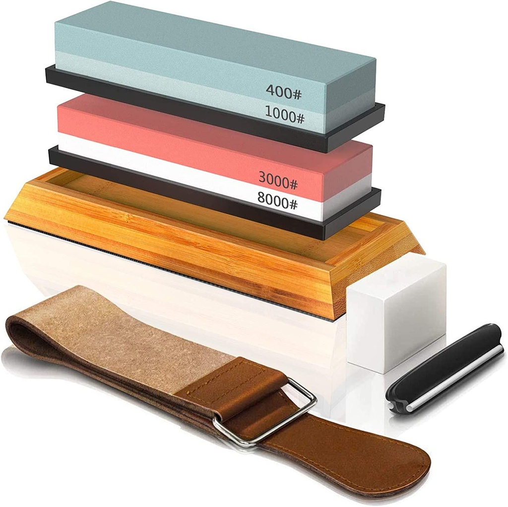 BRITOR Knife Sharpening Stone Kit, Professional Knife Sharpeners Whetstone Sharpener, Whetstones Includes Flattening Stone, Bamboo Base 2 Nonslip Rubber Bases,Premium 4 Side Grit 400/1000 3000/8000
