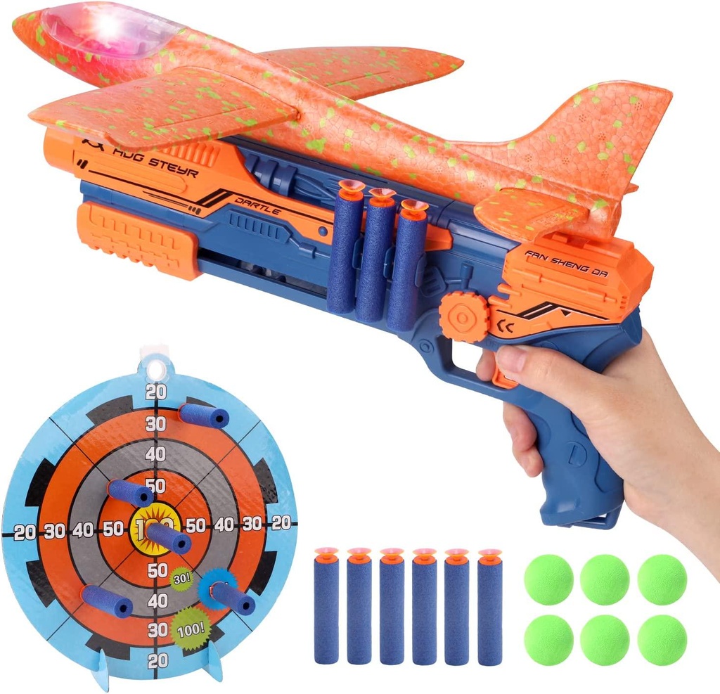 REMOKING 4 IN 1 Shooting Game for Kids, LED Light Airplane with Launcher,Gun Toy W/ Throwing Foam Plane,6 Foam Balls&Bullets,Outdoor Sport Flying Toys Birthday Gifts for Boys Girls Kids 6 -12 Year Old