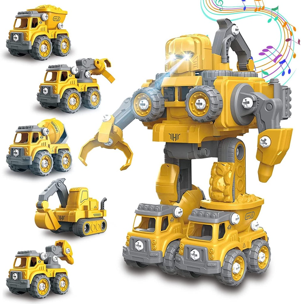 TuKIIE Take Apart Robot Toys for Kids, 5 in 1 Construction Truck Car Vehicle Set Transform into Robot, STEM Building Toy for Toddlers Boys Girls Ages 3+(Yellow)