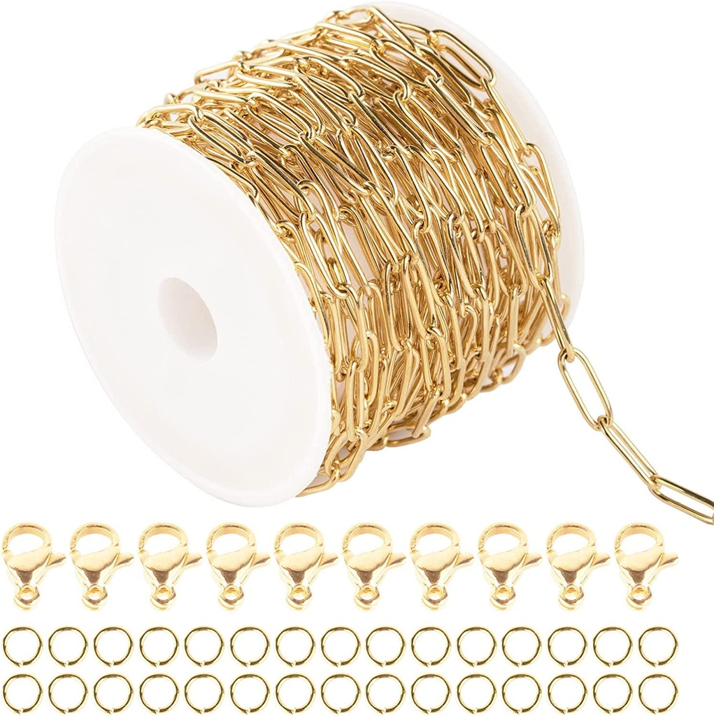 UMAOKANG Gold Chain 16.4 Feet 4mm Oval Paperclip Stainless Steel Chain Link Necklace Chains Bulk on Spool with Lobster Clasps and Jump Rings for Women Bracelet DIY Jewelry Making