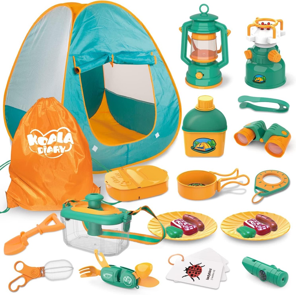 KOALA DIARY Kids Play Tent, Camping Tent Set, Camping Gear Tool Pretend Play Set, Bug Catcher for Kids, with Outdoor Explorer Bug Catcher Kit Toy Gift