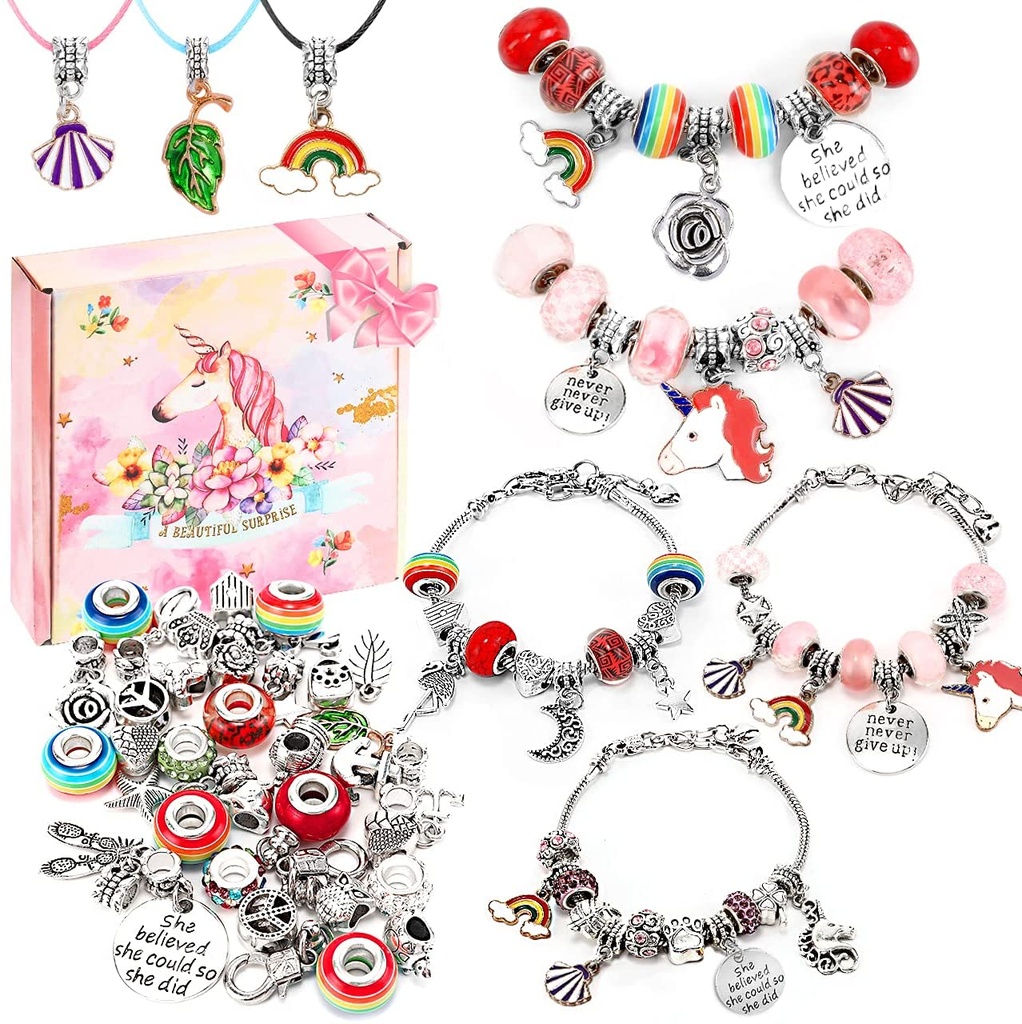 Charm Bracelet Making Kit for Girls, Emooqi Bracelet Making Kit with Beads, Jewelry Charms, Cute Horse Bracelets for DIY Craft, Handmade Necklace Kit for Birthday, Holiday, School Day Gifts