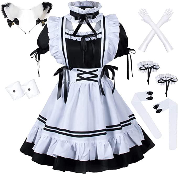 Catchcostume Cute Anime Dress French Maid Cosplay Costume Party Stage Cat Ear Gloves Socks 9 Set