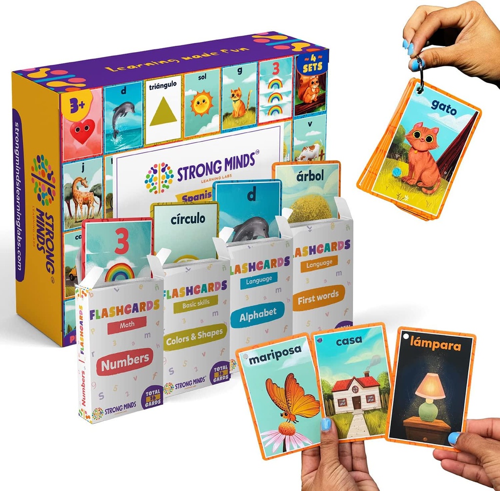 Spanish Flash Cards - 4 Sets Bundle - First Words, ABC Learning - Alphabet, Numbers, Colors and Shapes - with Rings by Strong Minds Learning