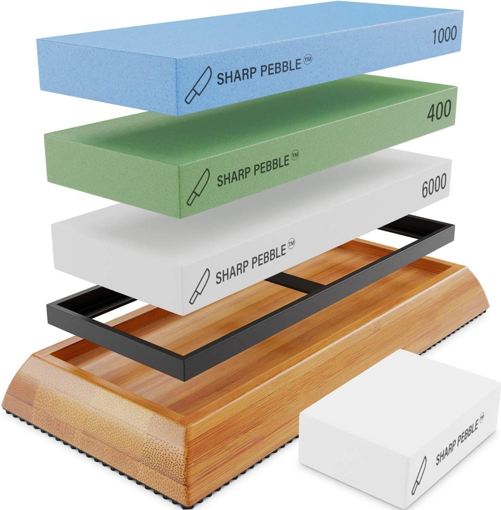 Sharp Pebble Extra Large Sharpening Stone Set - Whetstone Knife Sharpener Set - Grits 400/1000/6000 Waterstone and Flattening Stone - Kitchen Knife Sharpener with Nonslip Bamboo Base