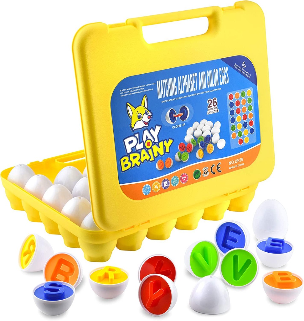 Play Brainy Montessori Alphabet Matching Eggs, 26 Pc. ABC Letter Set, Educational Early Learning Toys and Shape Recognition Sorter Puzzle for Toddlers and Preschool Students, Easter Gift