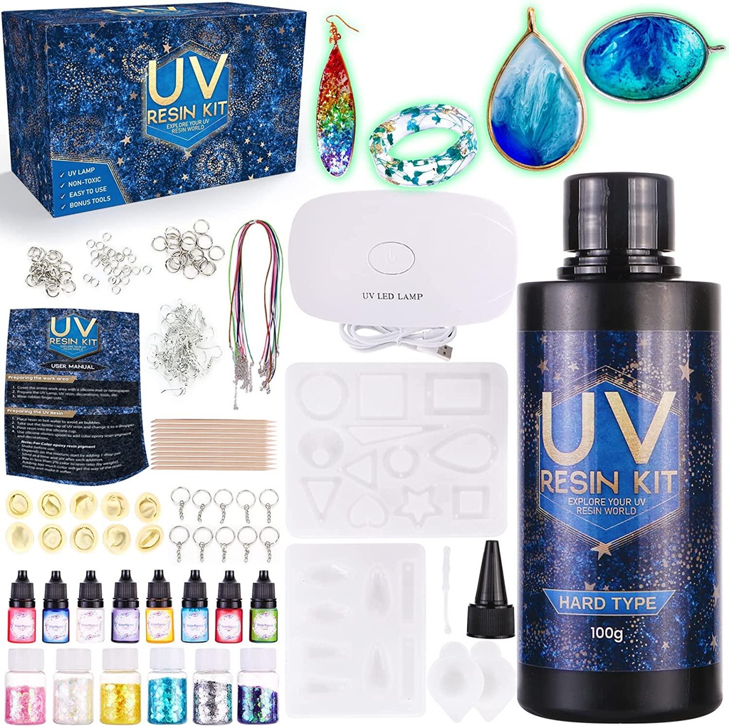 Zoncolor Epoxy UV Light Resin Kit - Silicone Molds UV Clear Casting Curing Jewelry Making Supplies Necklace Keychain Bracelet Arts Crafts Resin Bundle Office Home Decor Complete Set