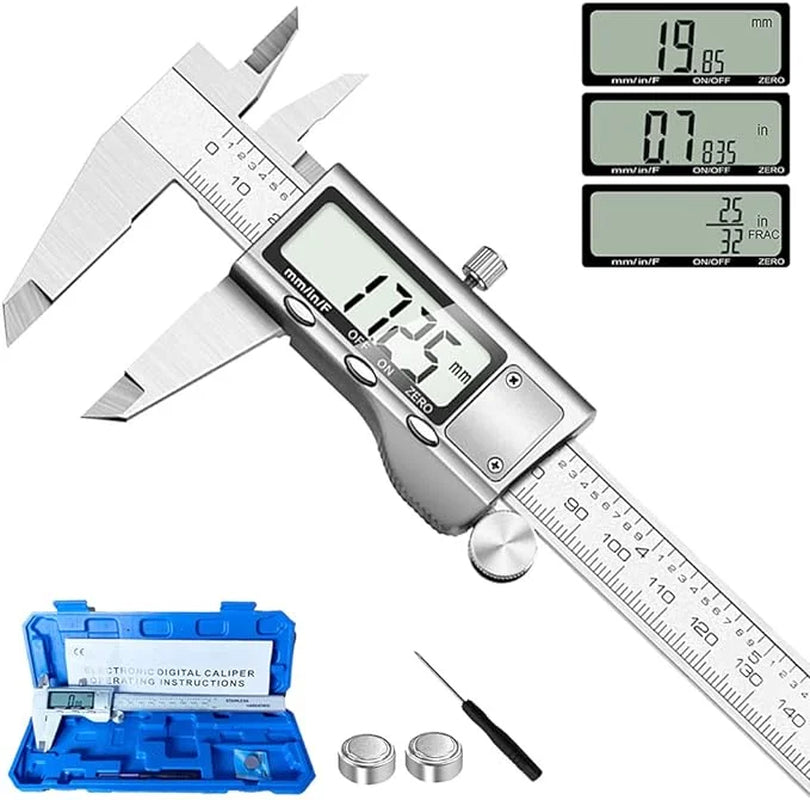 Digital Caliper Measuring Tool, Stainless Steel Vernier Caliper Digital Micrometer with Large LCD Screen, Easy Switch from Inch Metric Fraction, 6 Inch Caliper Tool for Diy/Household