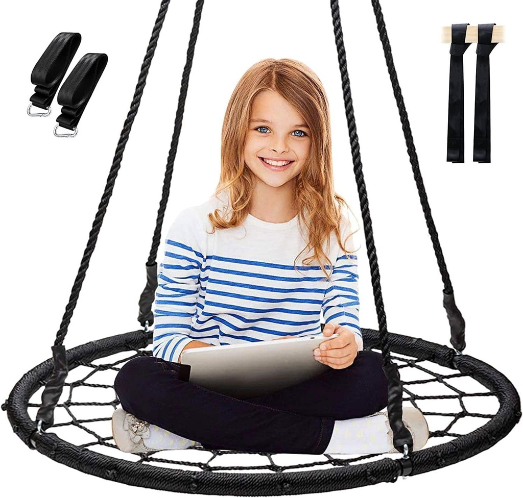 Display4top Spider Web Tree Swing,40 Round Outdoor Web Tree Net Swing,Rope Swing, Durable Adjustable Hanging Ropes, Easy Install - for Kids, Adults and Teens (Black)