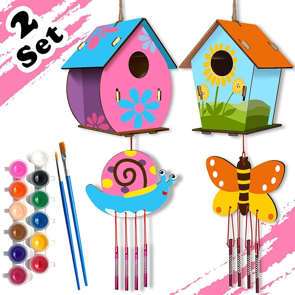 DIY arts and crafts for kids ages 8-12 - 2 pack bird house kits and 2 pack wind chime kits for children to build - kids crafts for Girls Boys Toddlers ages 3-5 4-6 6-8 9-12 - Includes Paints and Brushes