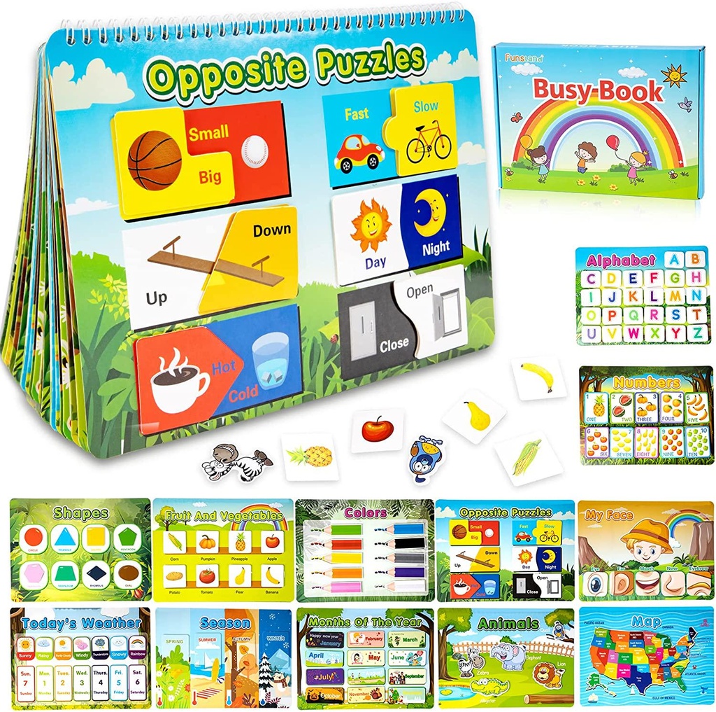 Busy Book for Kids, Montessori Toys for Toddlers, Early Educational Learning Materials, 12 Pages Preschool Learning Activities Binder, Book Gifts for Boys and Girls Ages 3 Develops Fine Motor Skills