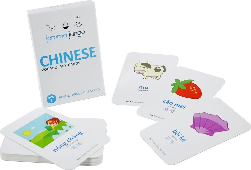 Jamma Jango Bilingual Learn Chinese - 34 Durable, Coated Vocabulary Flash Cards: Beach, Farm and Fruit Stand (All Ages) (Chinese)