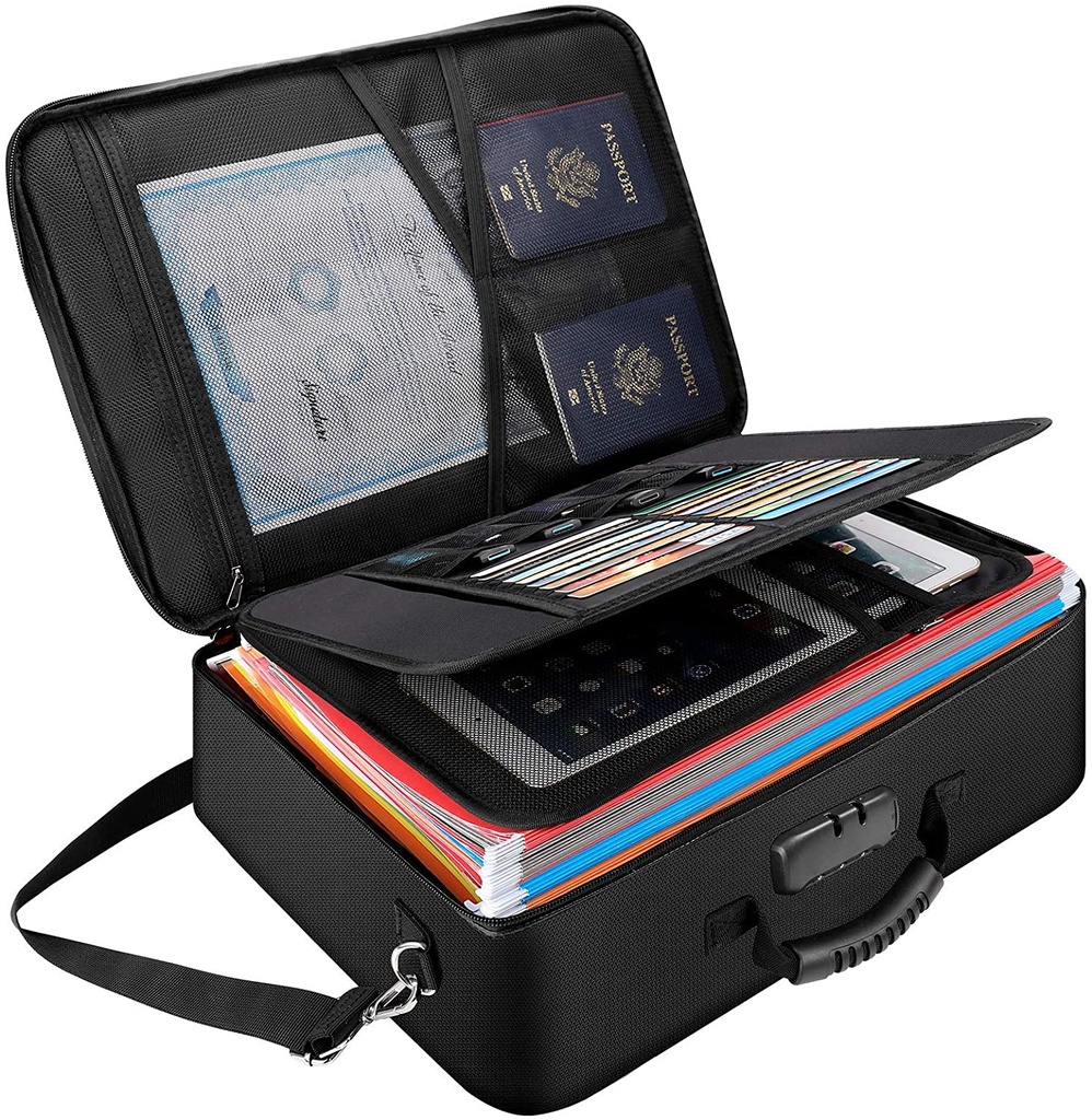 Document Organizer Fireproof storage Bag, Tamfile File Storage Bag 14.2*10.63*4.2 inch, Large Size Portable Important Document Storage Holder Box with Safe Lock and Shoulder Strap, Multi-Layer Storage