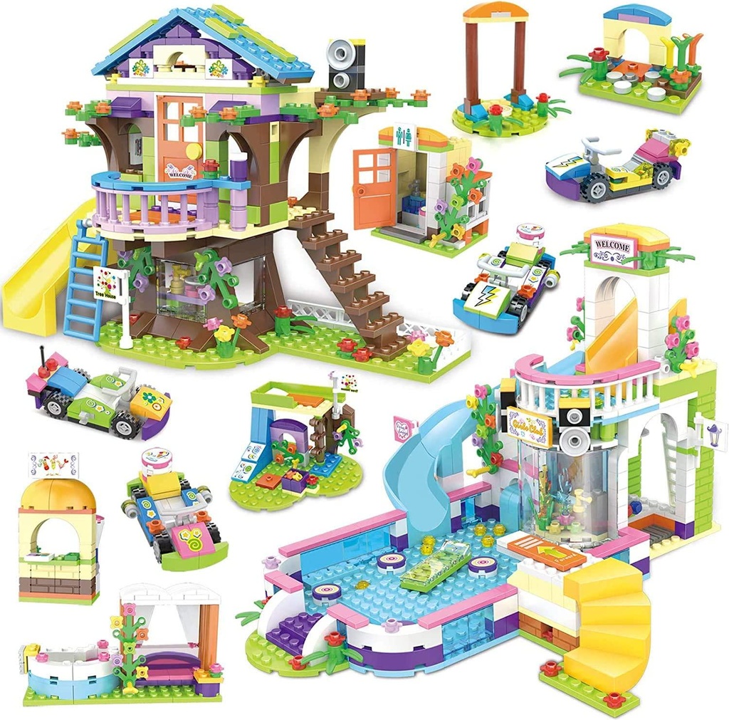 NEW ZACCIT Building Blocks Tree House Building Block Treehouse Pool Party Creative Building Toy Set for Kids 1274 Pcs Learning Roleplay Festival Birthday Gift with Storage Box