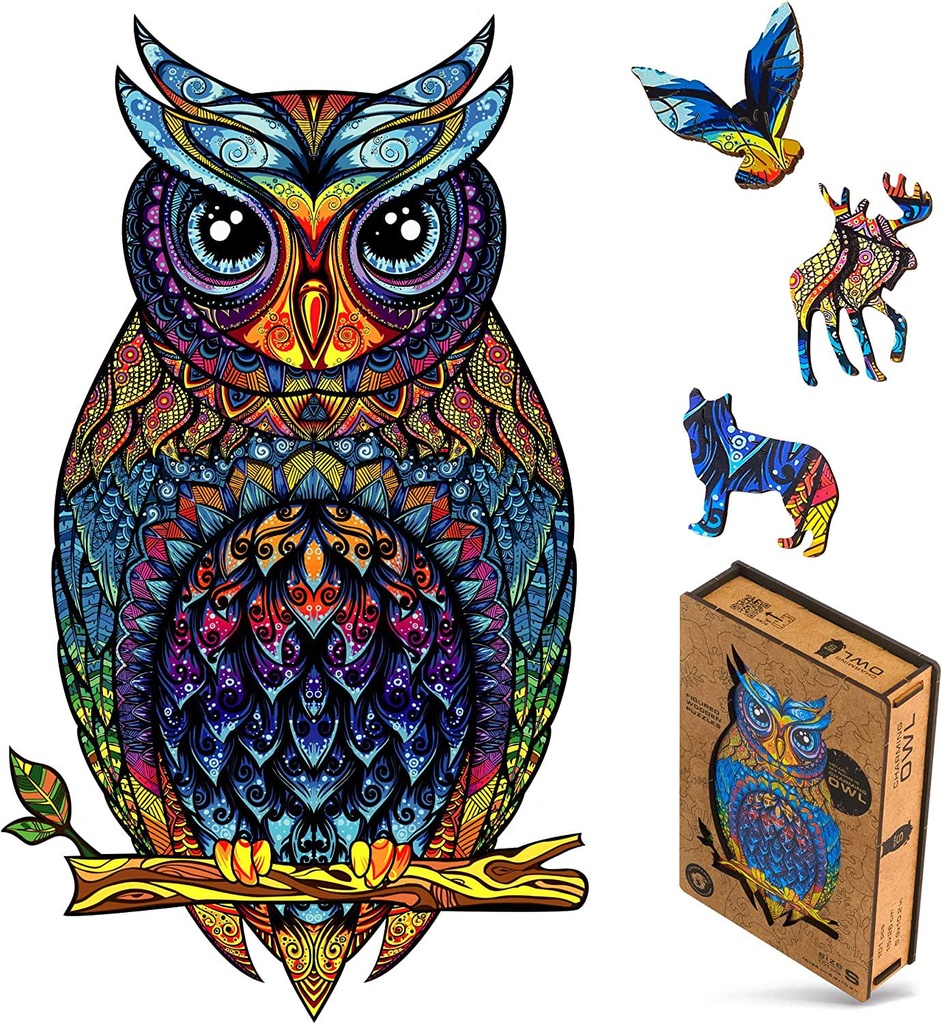 Unidragon Wooden Puzzle Jigsaw, Best Adults and Kids, Unique Shape Jigsaw Pieces Charming Owl, 5.9 x 10.2 inches, 101 Pieces, Small