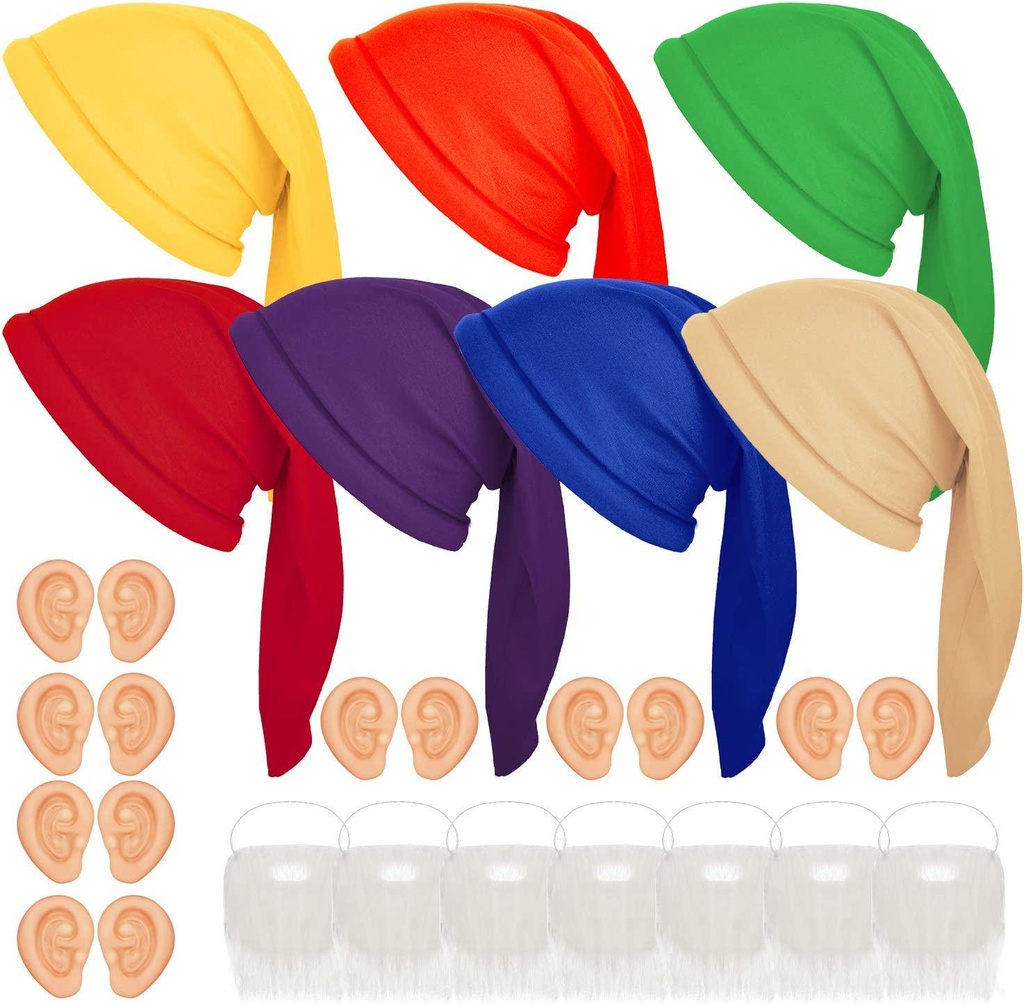 21 Pieces Christmas Dwarf Costumes Accessories, Dwarf Costume Hats with Fake Beard, Fake Ears for Christmas Fairy Tale Costumes Party Gnome Costumes for age over 6