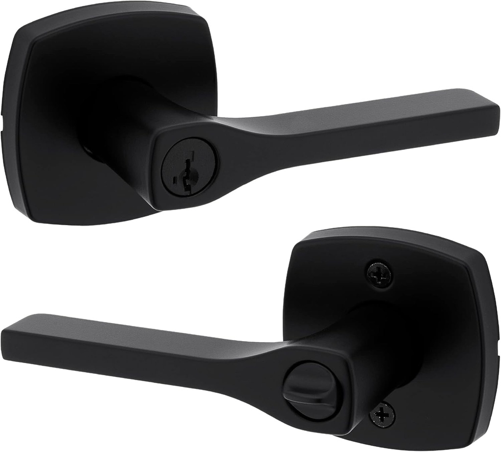 Kwikset Tripoli Lever Entry Door Handle with Lock and Key, Secure Keyed Reversible Lever Exterior, for Front Entrance and Bedrooms, Matte Black, Pick Resistant Smartkey Rekey Security and Microban