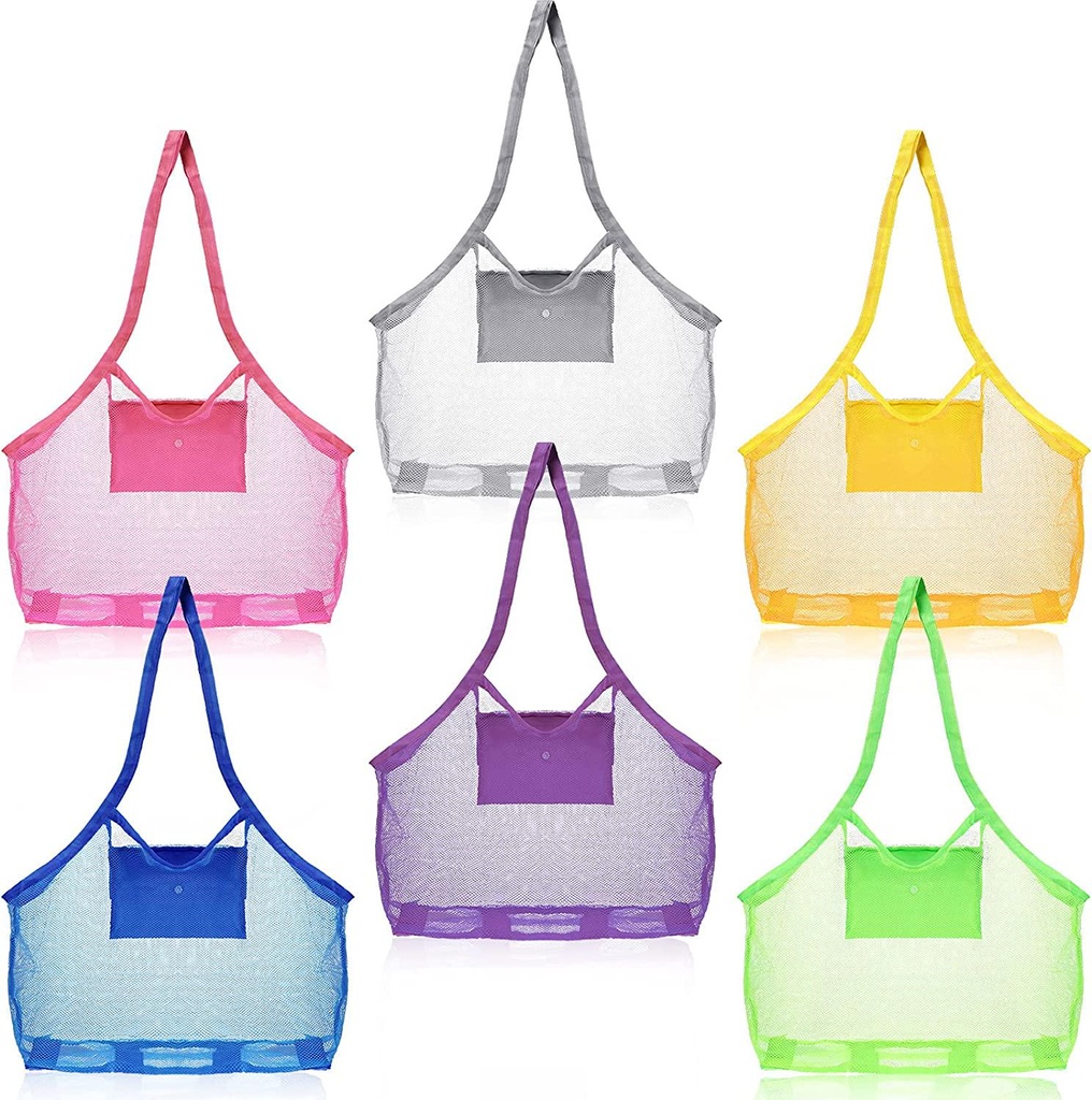 Frienda 6 Pieces Mesh Beach Tote Bag Portable Travel Mesh Bag Large Mesh Beach Bag Toy Organizer Storage Bag Away from Sand for Holding Beach Toys, Camping, Outdoor Sports, 18 x 12 x 18 Inch