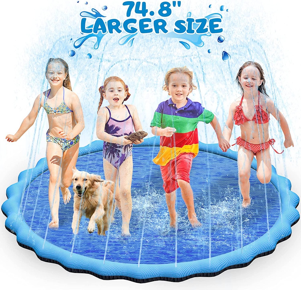 Toffos Splash Pad, 74.8'' Sprinkler for Dogs and Kids, Extra Large 0.5mm Thickened Durable and Foldable Large Pool, Summer Outdoor Water Play Mat Toys for Toddlers and Dogs