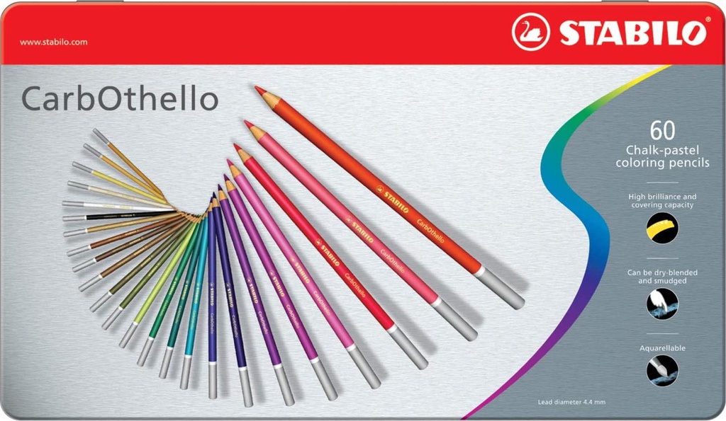 Premium Colouring Pencil - STABILO CarbOthello - Pastel Pencil - Tin of 60 - Assorted Colours including Sharpener, Kneaded Eraser and Blending Stump