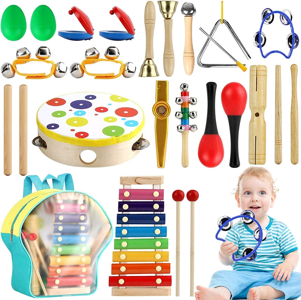 Musical Percussion Instruments, Tobeape 25 PCS Wooden Percussion Instruments Toys for Baby Kids Preschool Education, Early Learning Rhythm Instruments for Toys Girls Boys Gift with Storage Backpack