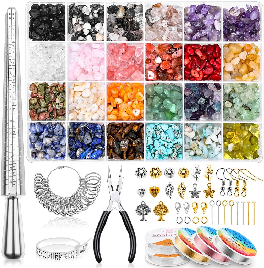 Crystal Rings Making Kit, Thrilez Jewelry Making Supplies Kit with Gemstone Chip Beads, Ring Sizer Measuring Tool, Jewelry Wire, Pliers, Findings, Charms for Jewelry Ring and Bracelets Making